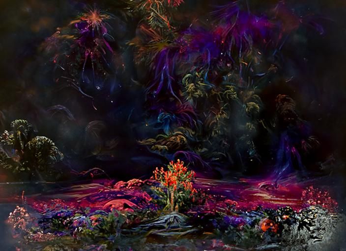 Cosmic Alien World with Strange Flora in Mixed Media