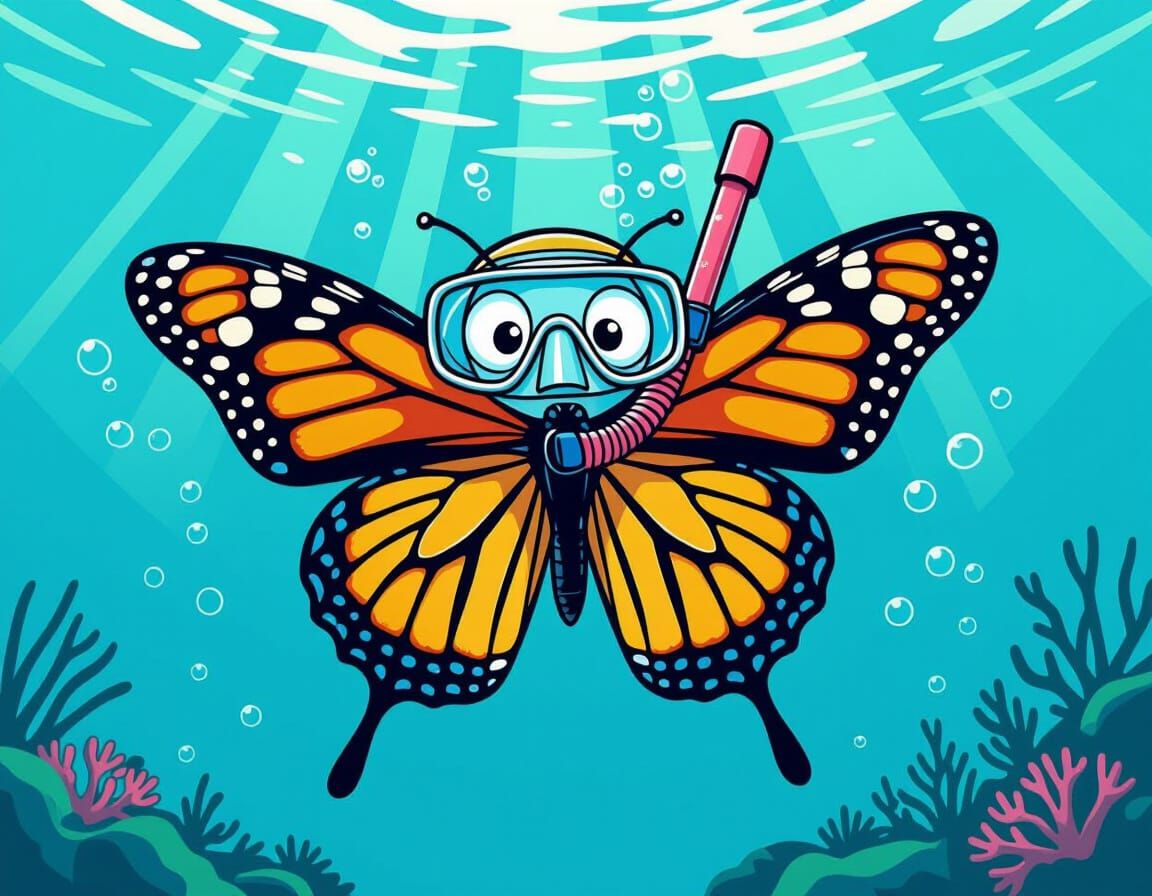 Confused Butterfly Flying Underwater in Comic Art Style
