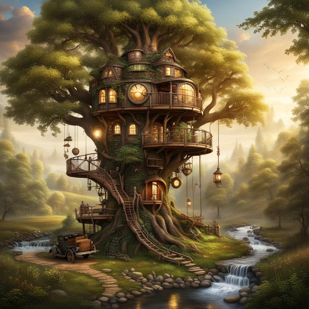 Steampunk Treehouse by Stream and Dirt Road