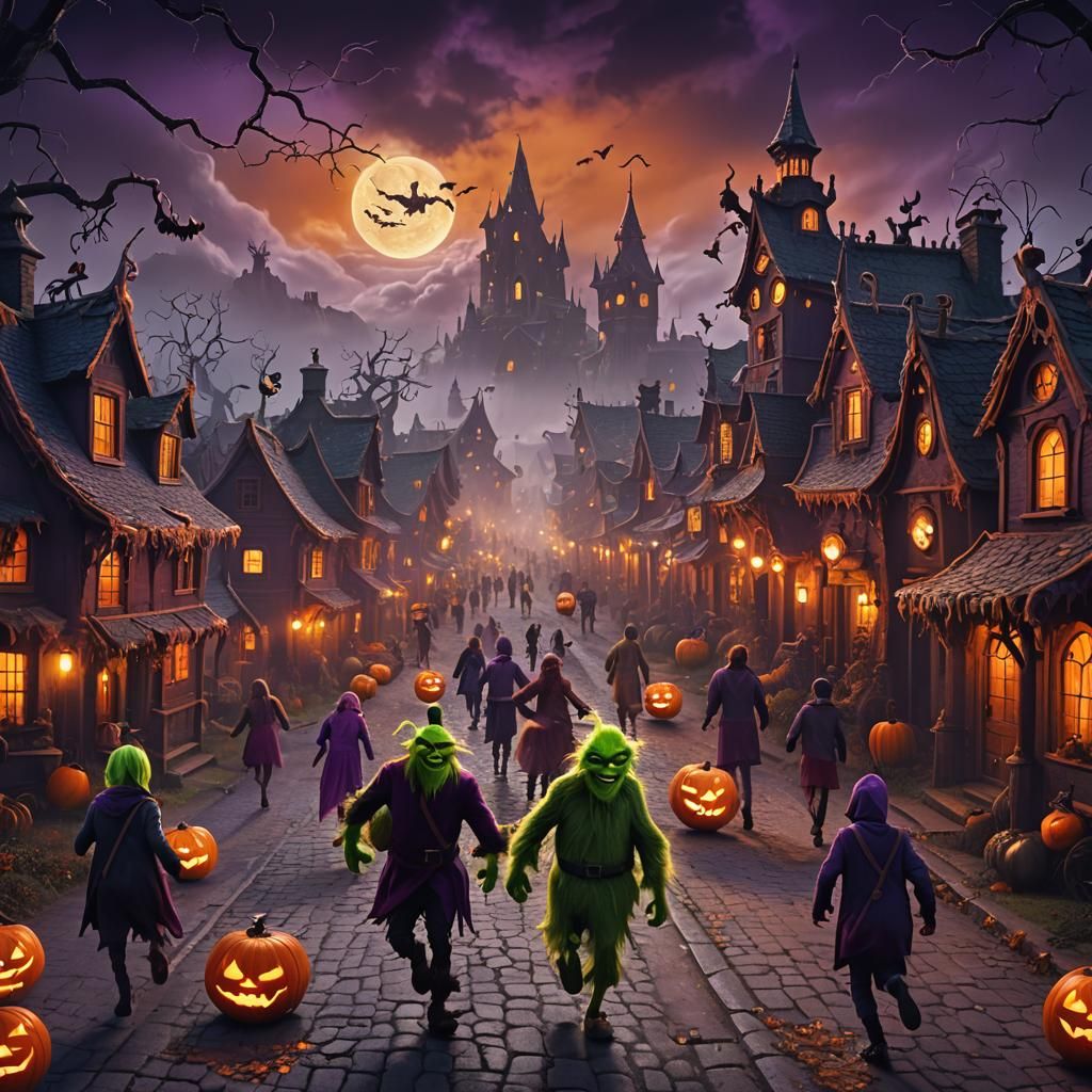 Halloween Grinch Chase in Spooky Town: Fantasy Concept Art