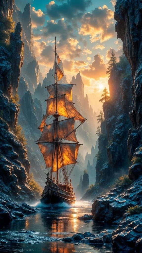 Schooner on River Passage Under Starry Evening Sky