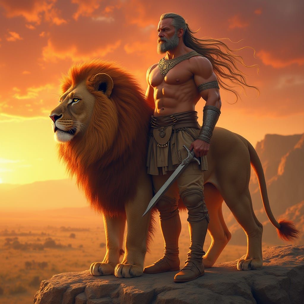 Lion and Warrior Overlook Sunlit Savanna, Hyperrealistic