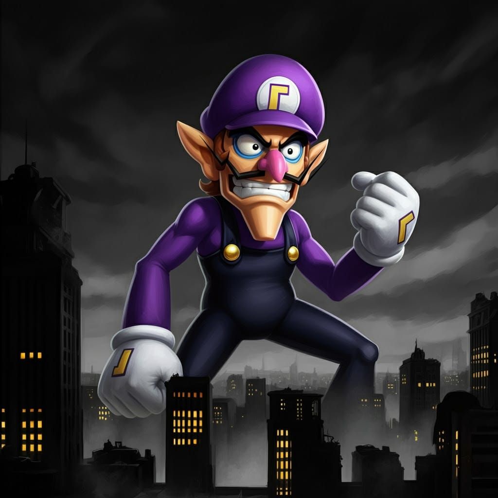 Colossal Waluigi Dominates a Gritty Monochrome Metropolis