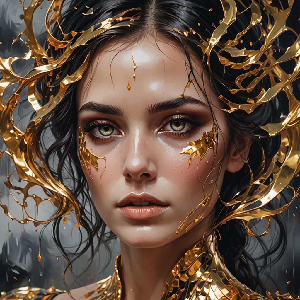 Hyperrealistic Oil Painting of Woman with Gold Face