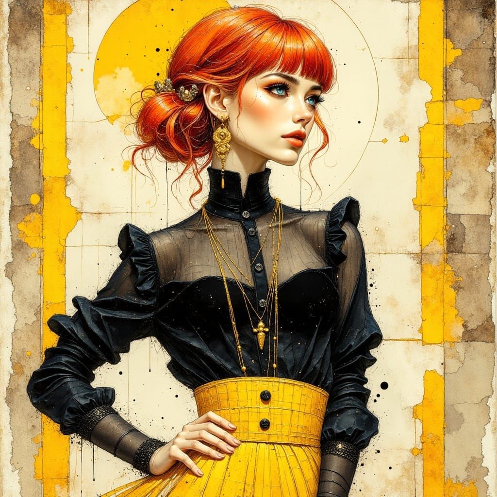 Fashion Illustration: Woman in Yellow Dress with Venus Symbo...