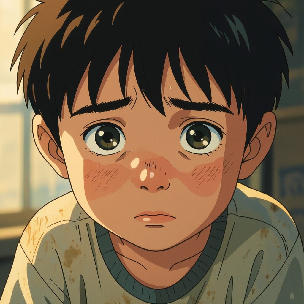 Hopeful Boy's Sad Eyes in Dramatic Cinematic Lighting