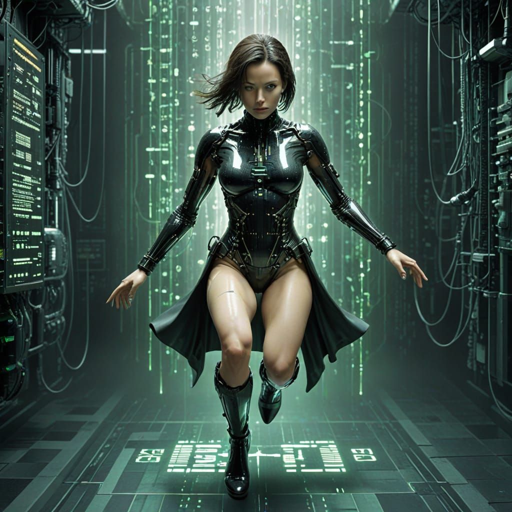Cyberpunk Cyborg Goddess Levitates Amidst Matrix Code