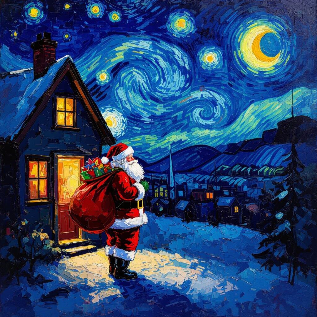 Santa Claus Sneaking Out at Night in Neo-Impressionist Style