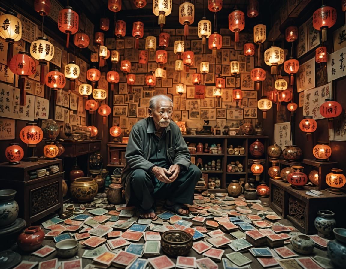 Stamp Collector Surrounded by Chinese Lamps