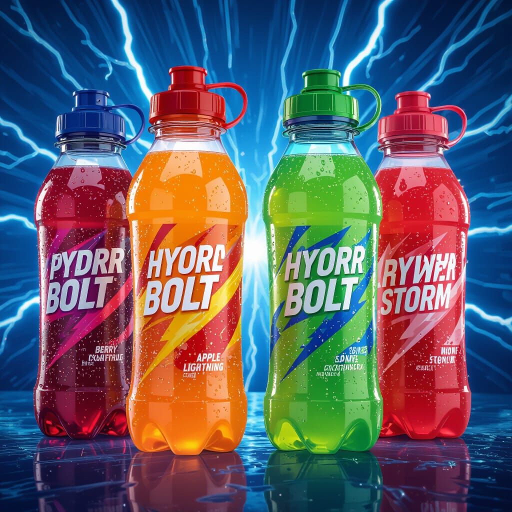 Vibrant Hydro-Bolt Drinks with Electric Lightning Background