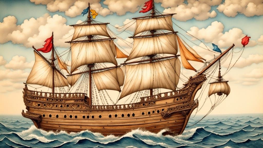 16th-Century Portuguese Caravel in Antique Watercolor Style