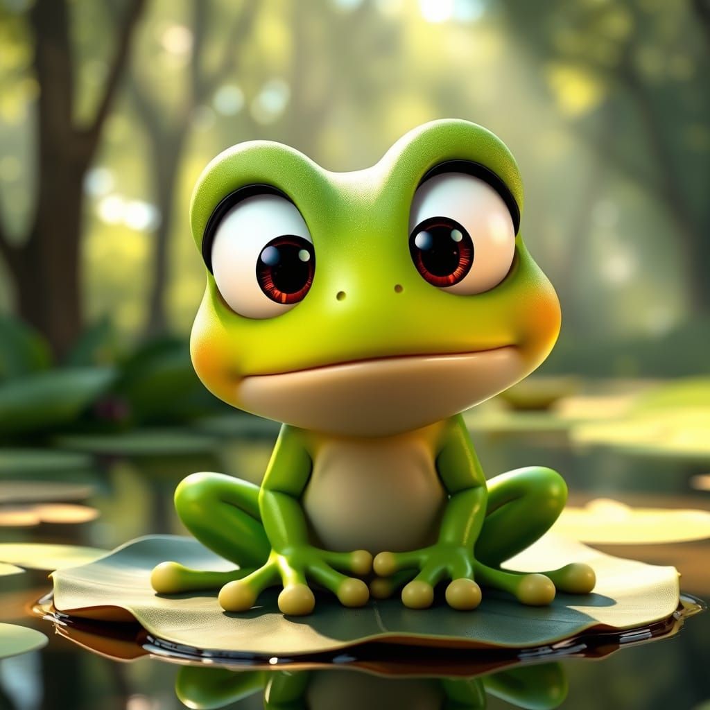 Surprised Cartoon Frog on Lily Pad in 3D