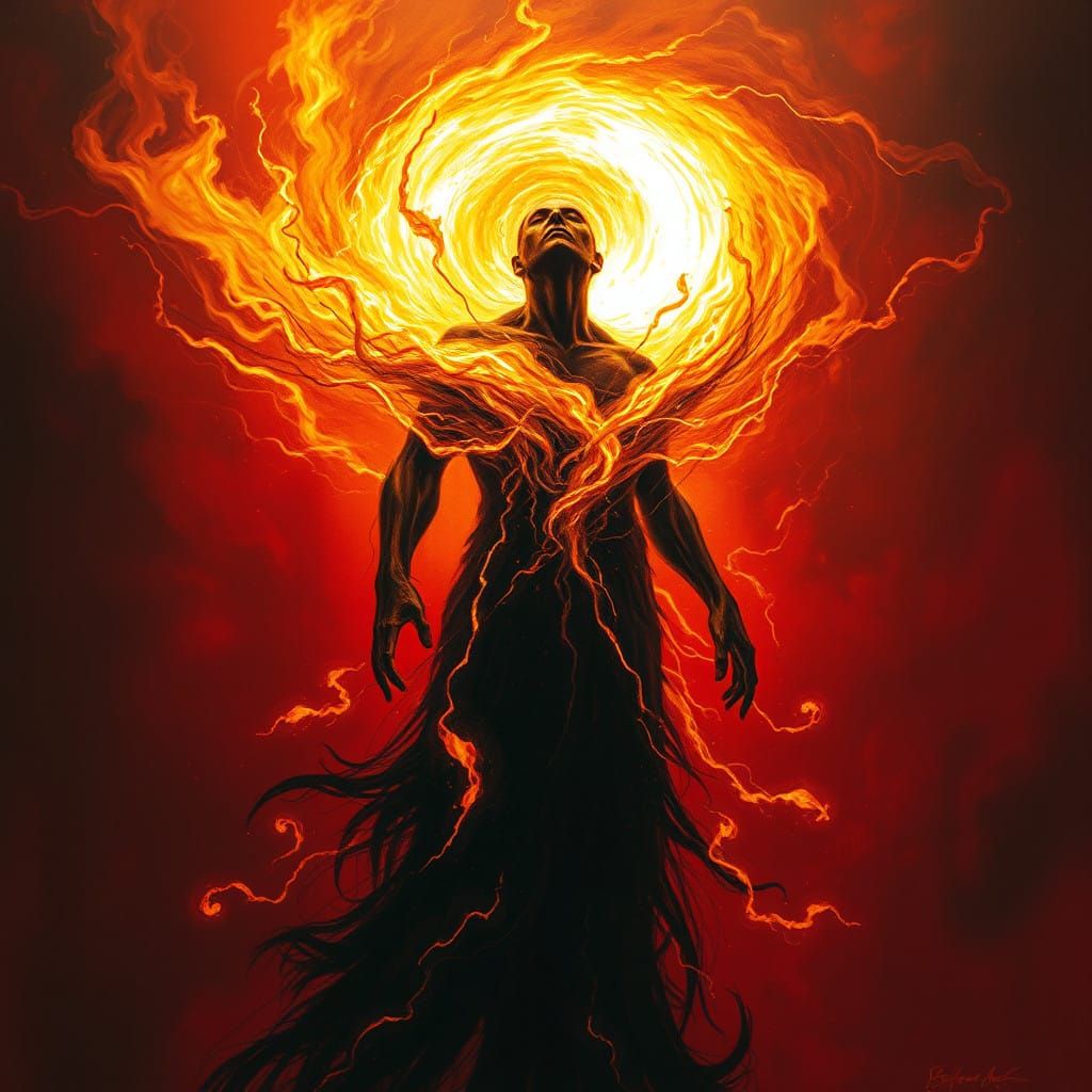 Figure Enveloped in Swirling Vortex of Flames