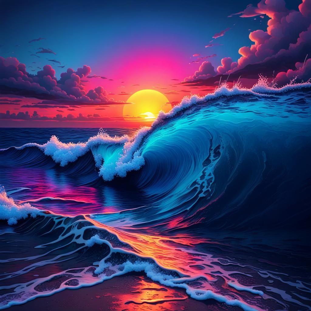Vibrant Neon Sunset Over a Hyper-Realistic Ocean
