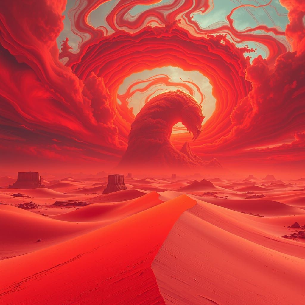 Dreamlike Fire-Red Desert with Floating Embers