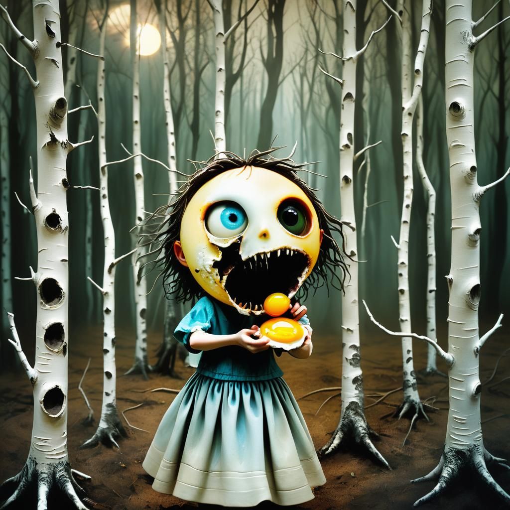 Surreal Fried Egg in Birch Forest Claymation