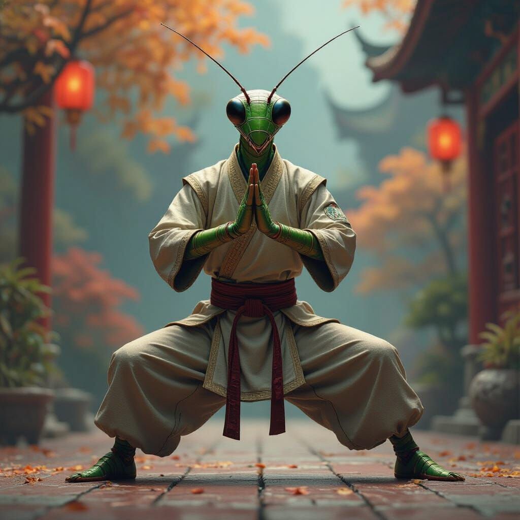 Humanoid Praying Mantis Practicing Kung Fu