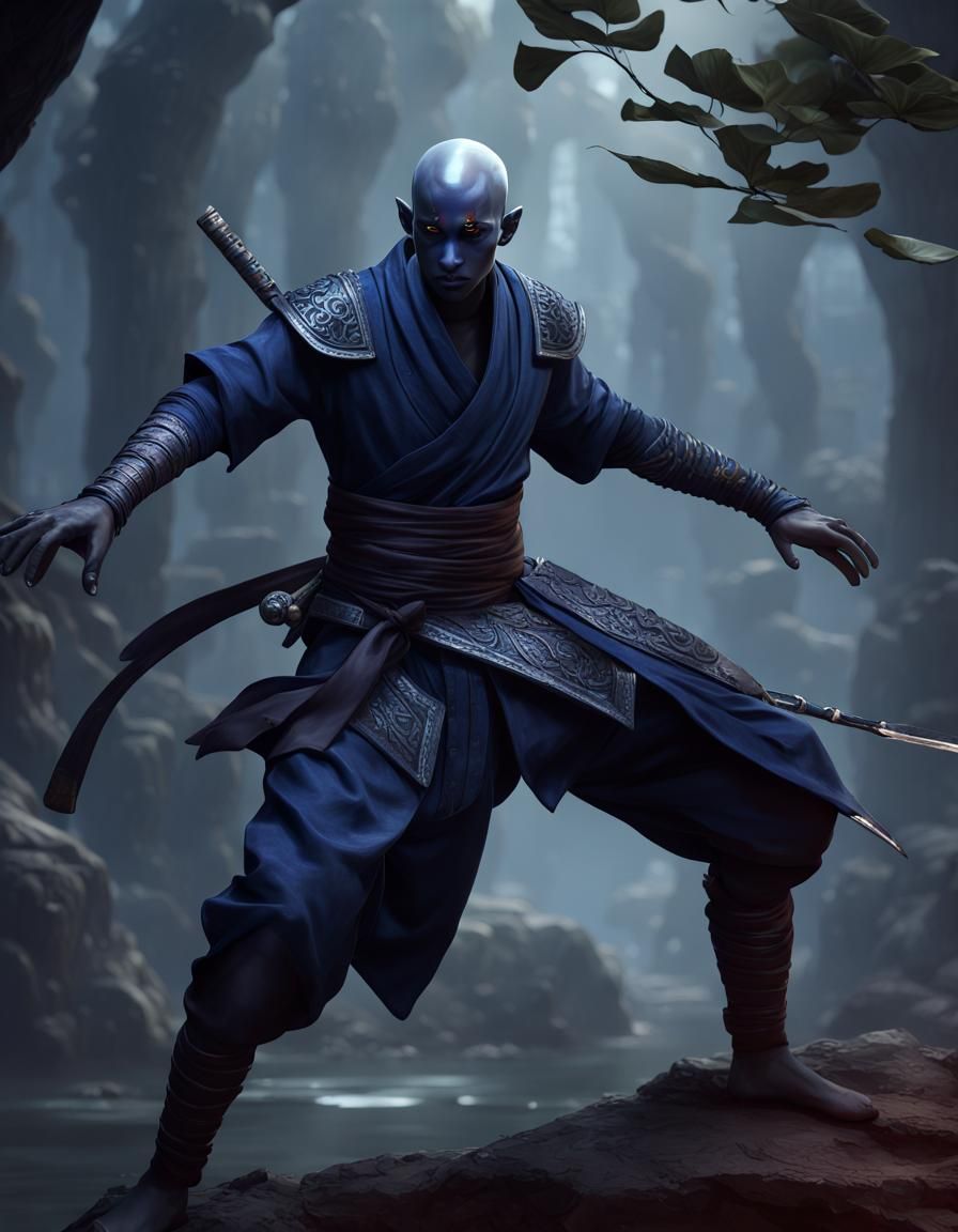 Dark Elf Monk in Shadowy Environment