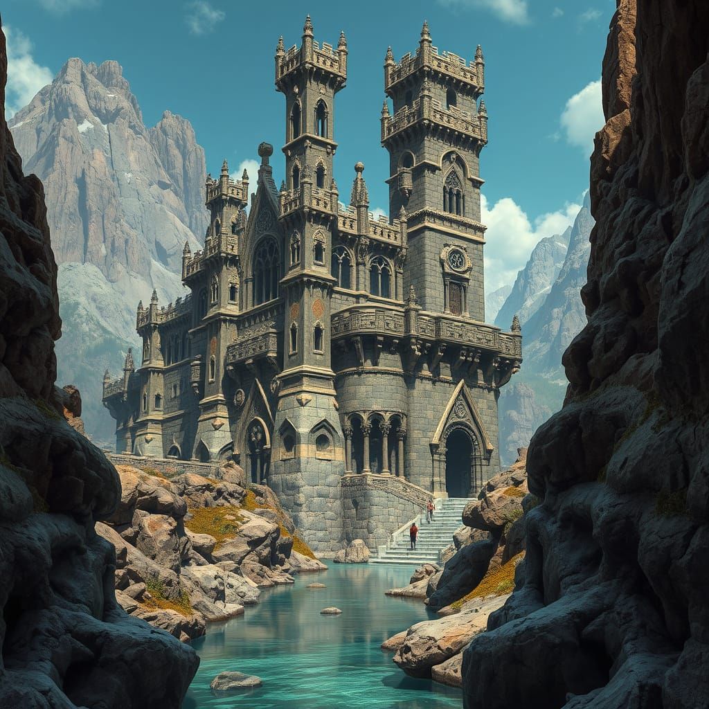 Majestic Gothic Futurist Castle Amidst Rocky Mountains