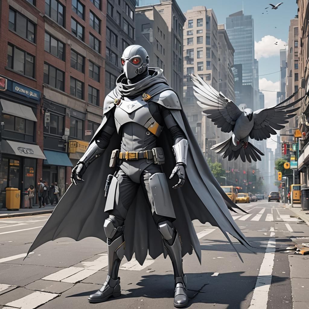 Pigeon-Themed Superhero in Cityscape Render