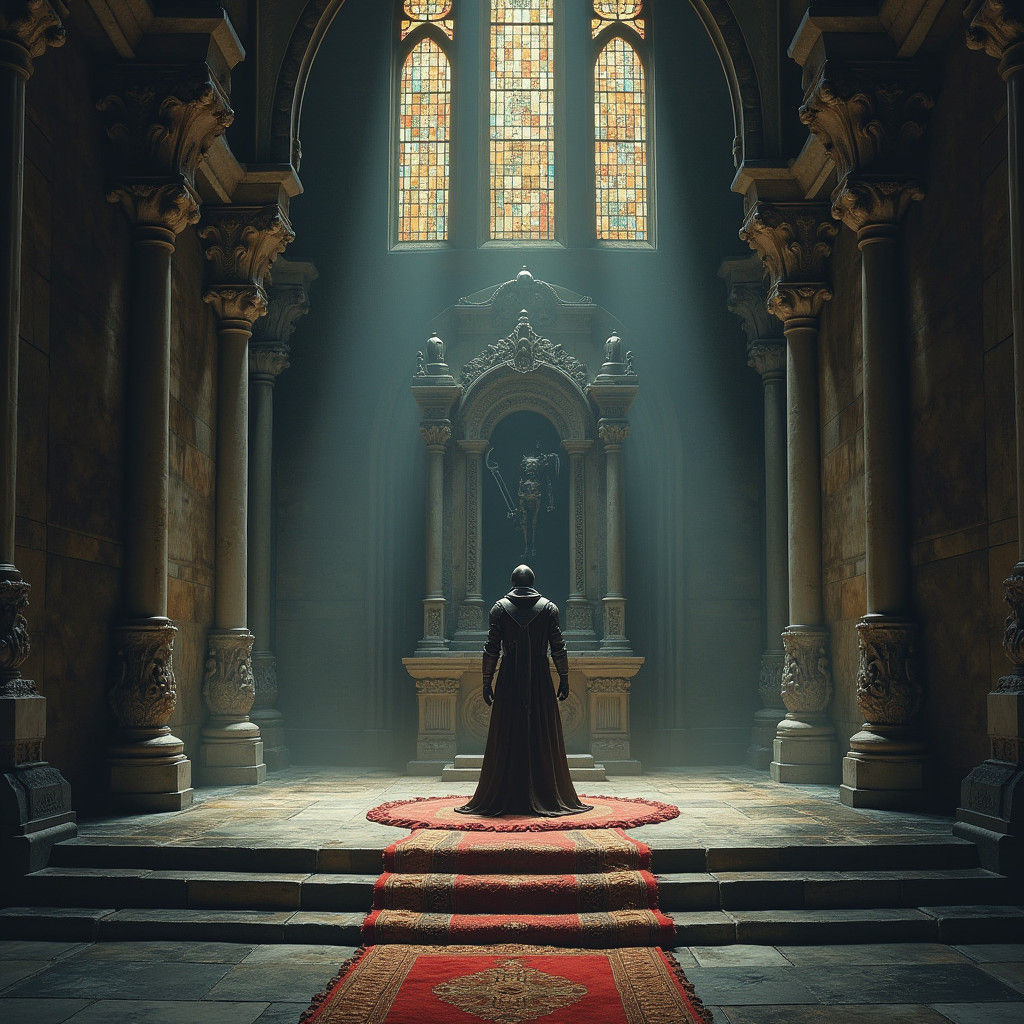 Medieval Knight in a Grand, Dimly Lit Throne Room