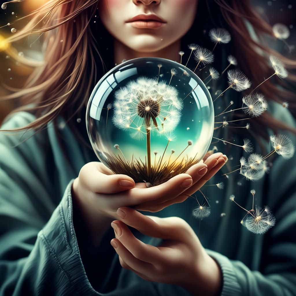 Woman with Dandelion in Hyperrealistic Digital Art