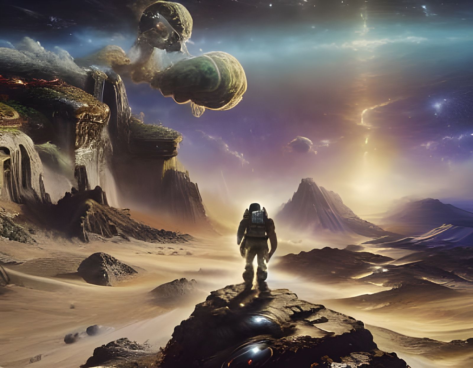 Astronaut Contemplates Cosmic Horizon on Barren Alien World