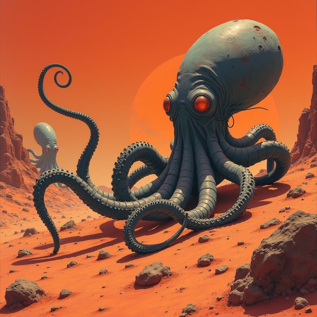 Octopus Aliens Explore Mars in Pulp Sci-Fi Style