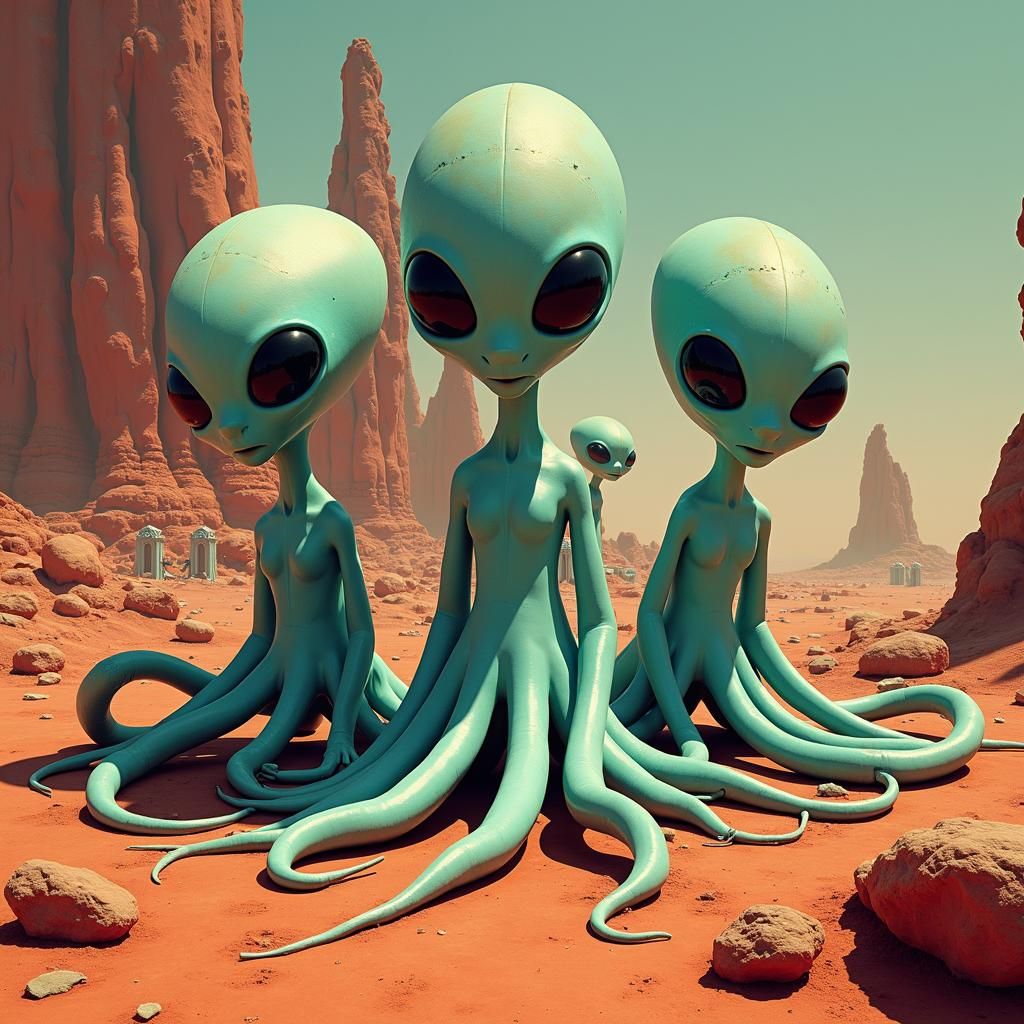 Octopus Aliens on Mars in Retro-Futuristic Style