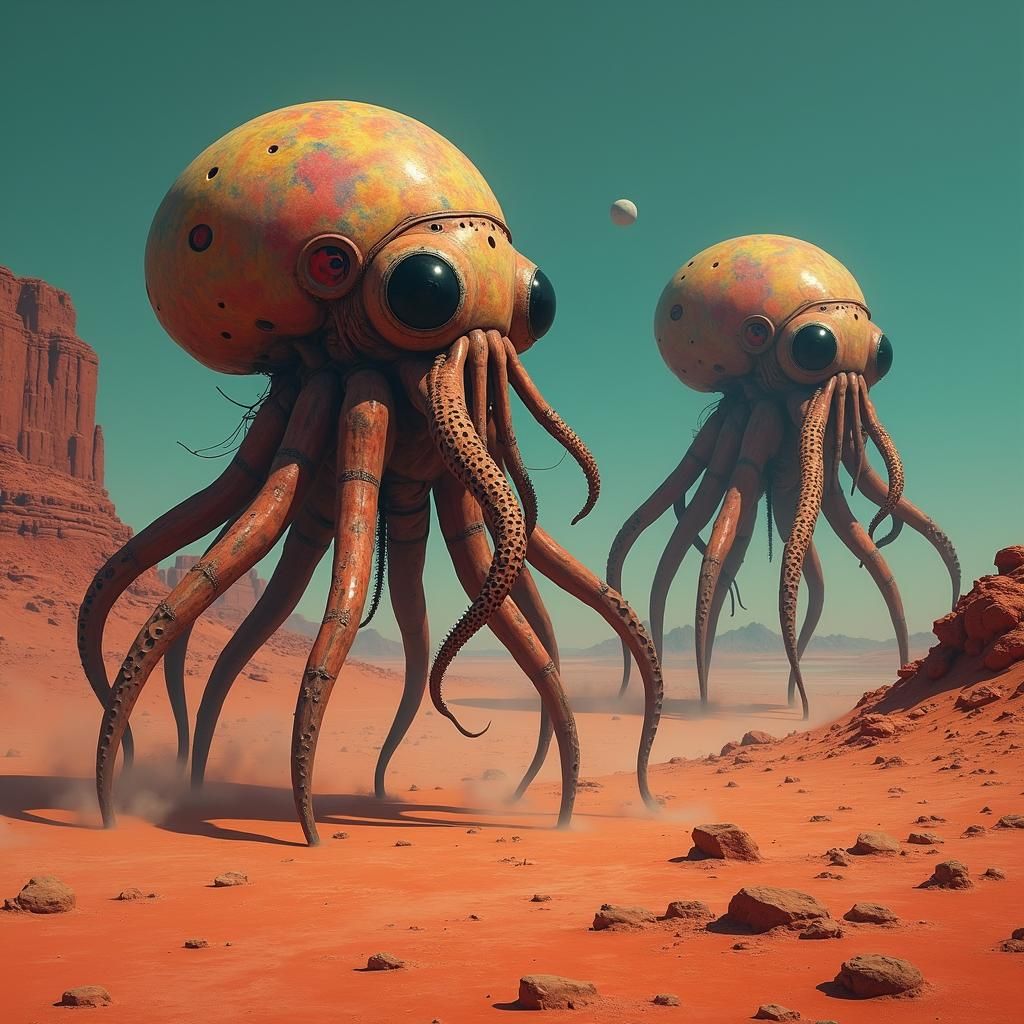 Octopus Aliens on Mars in Biomechanical Surrealism