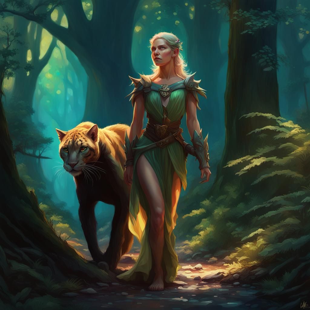 Elf walking through the woods with her panther,
