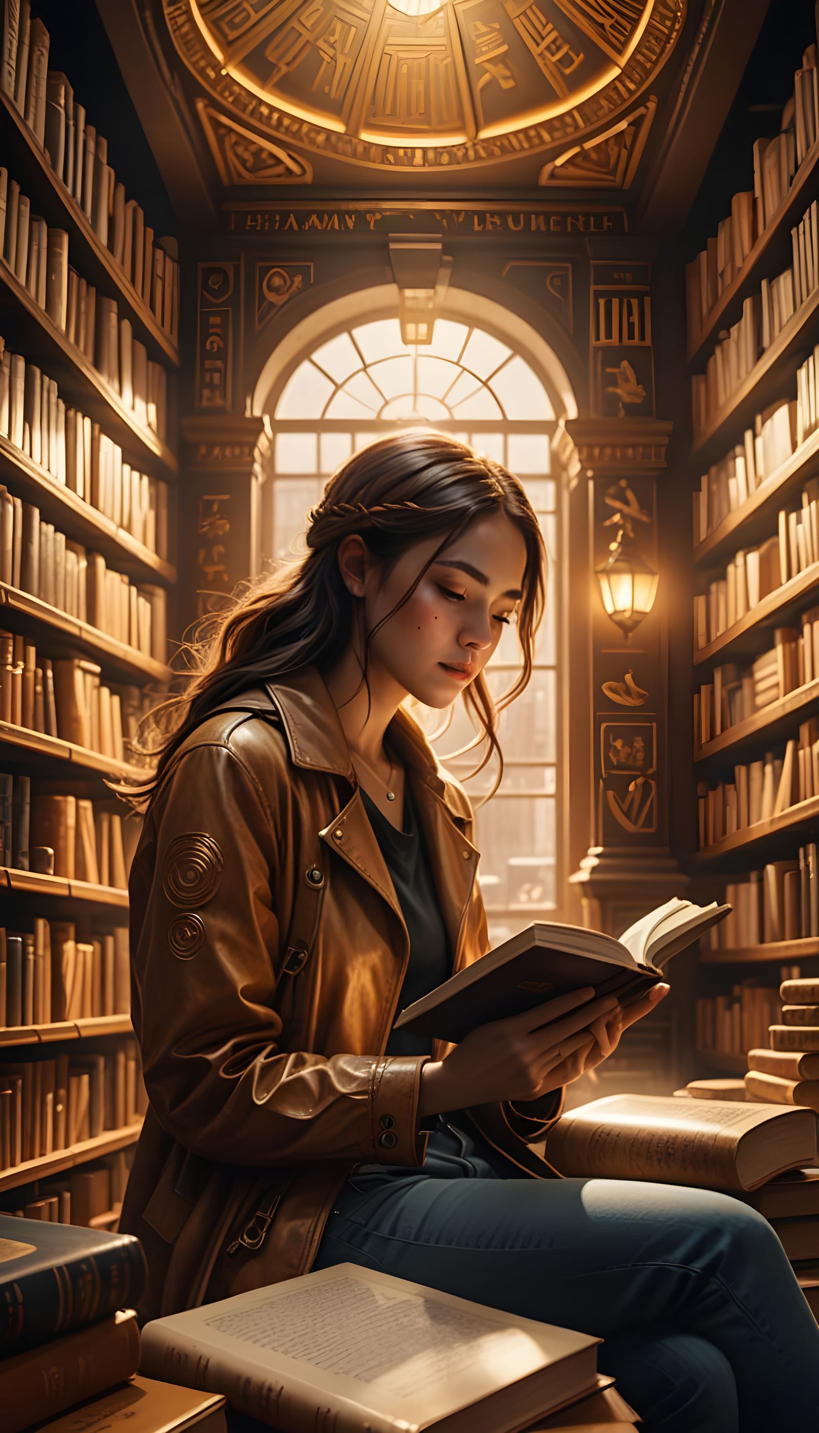 Hyperrealistic Antique Bookstore with Red-Haired Woman