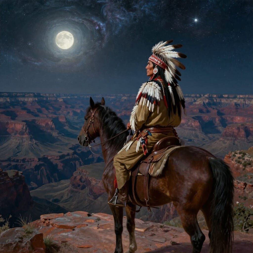 Native American Chief Gazes at Starlit Canyon Under Nebula
