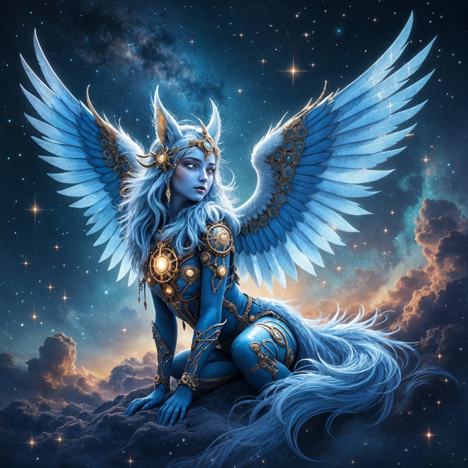 Steampunk Angel in Cosmic Nebula with Clockwork Details