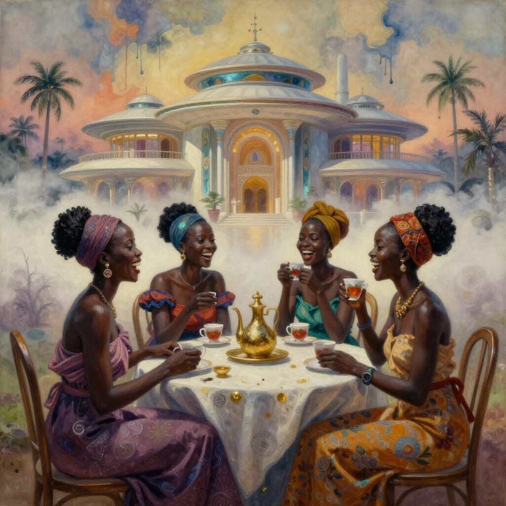 Bioluminescent Women Gossiping at Futuristic Mansion in Wate...