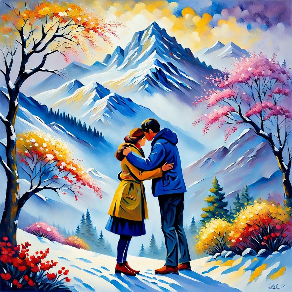 Lovers Embrace Beneath Misty Mountain, in Neo-Impressionism