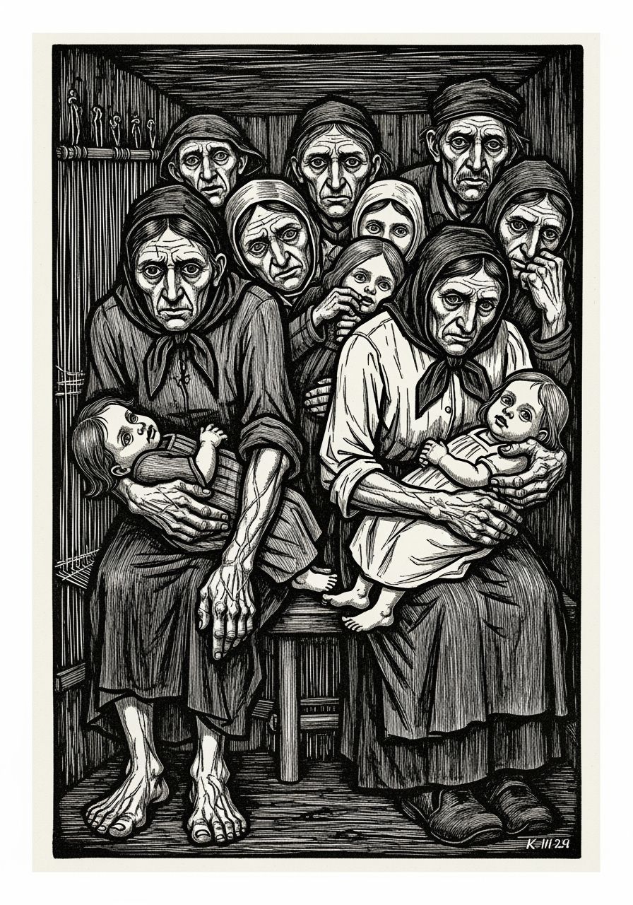 German Expressionist Print of Exhausted Working Families