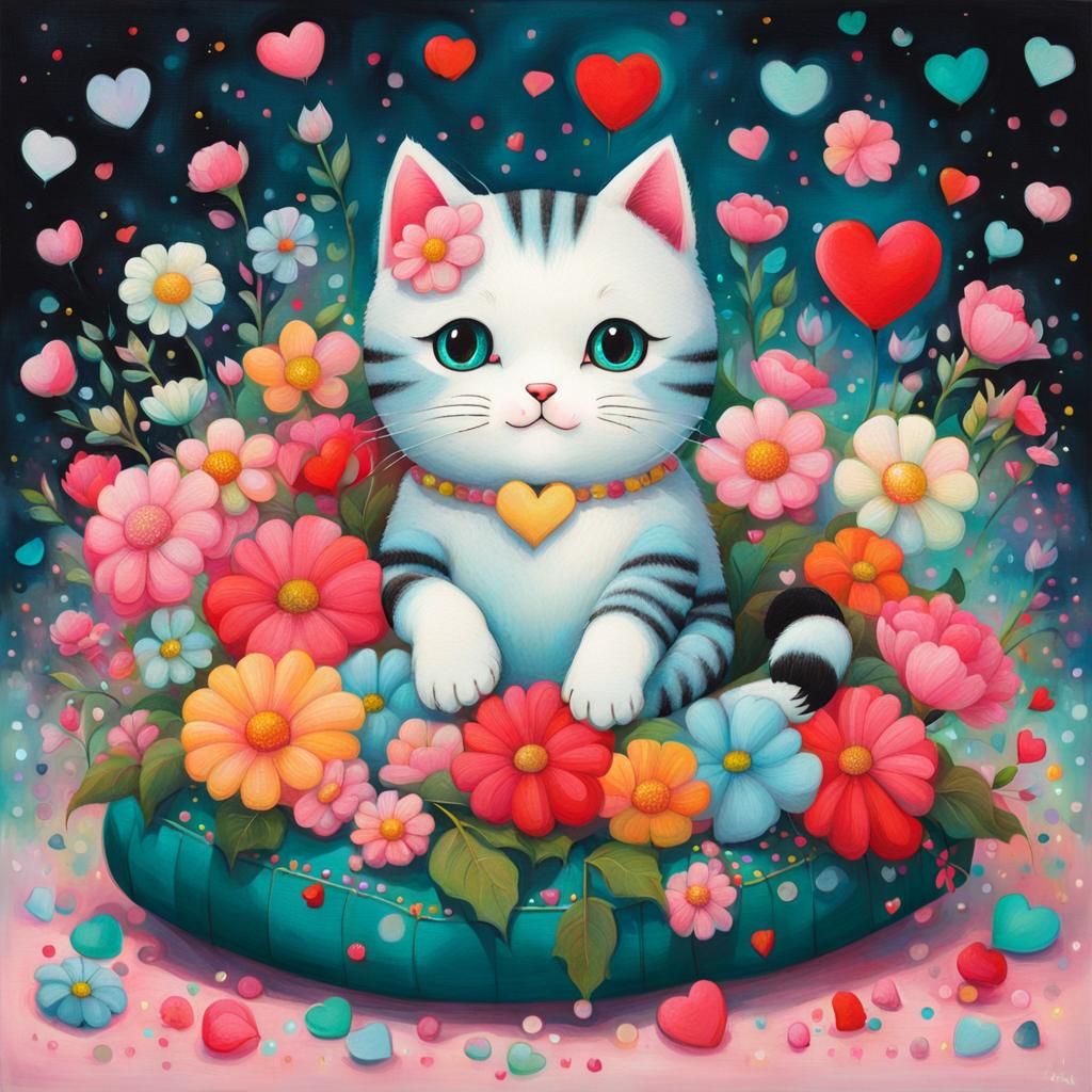 Cute Cat Surrounded by Flowers in Pop Surrealism Style