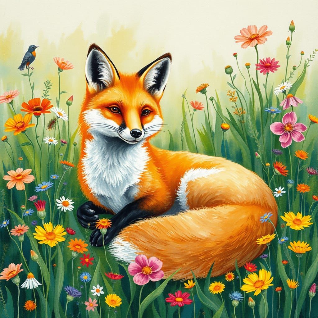 Whimsical fox reclining in a lush meadow