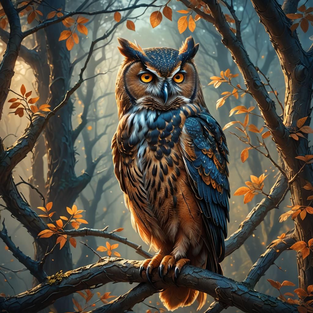 Old Owl in Dreamlike Fantasy Landscape