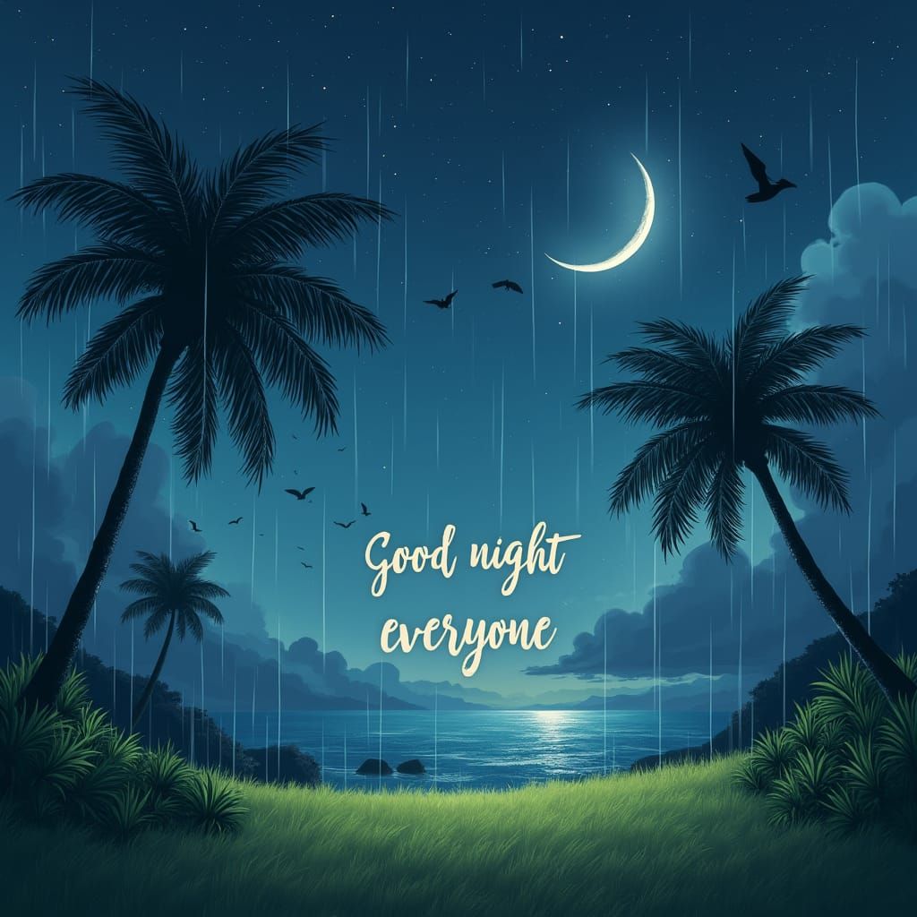 Serene Night Scene with Palm Trees and Gentle Rain