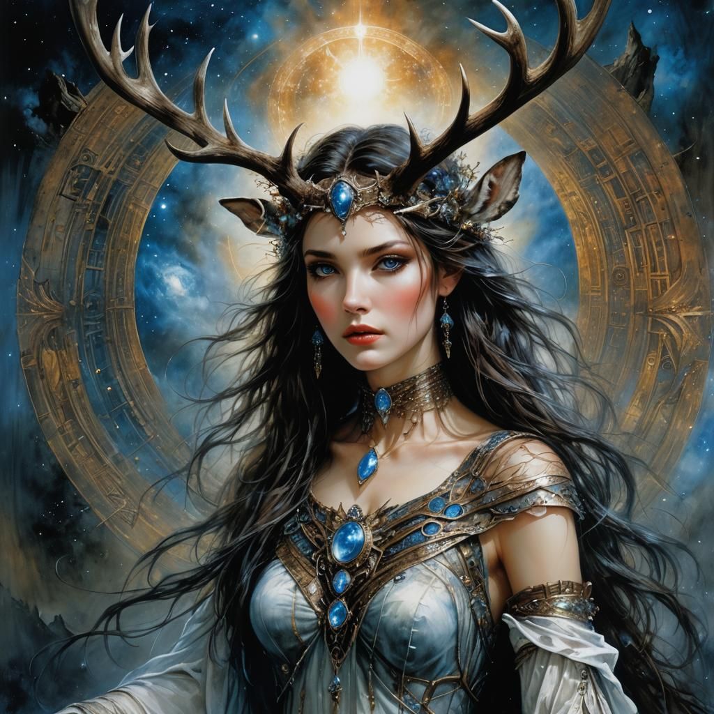 Antlered Woman in Cosmic Embrace: A Watercolor Art