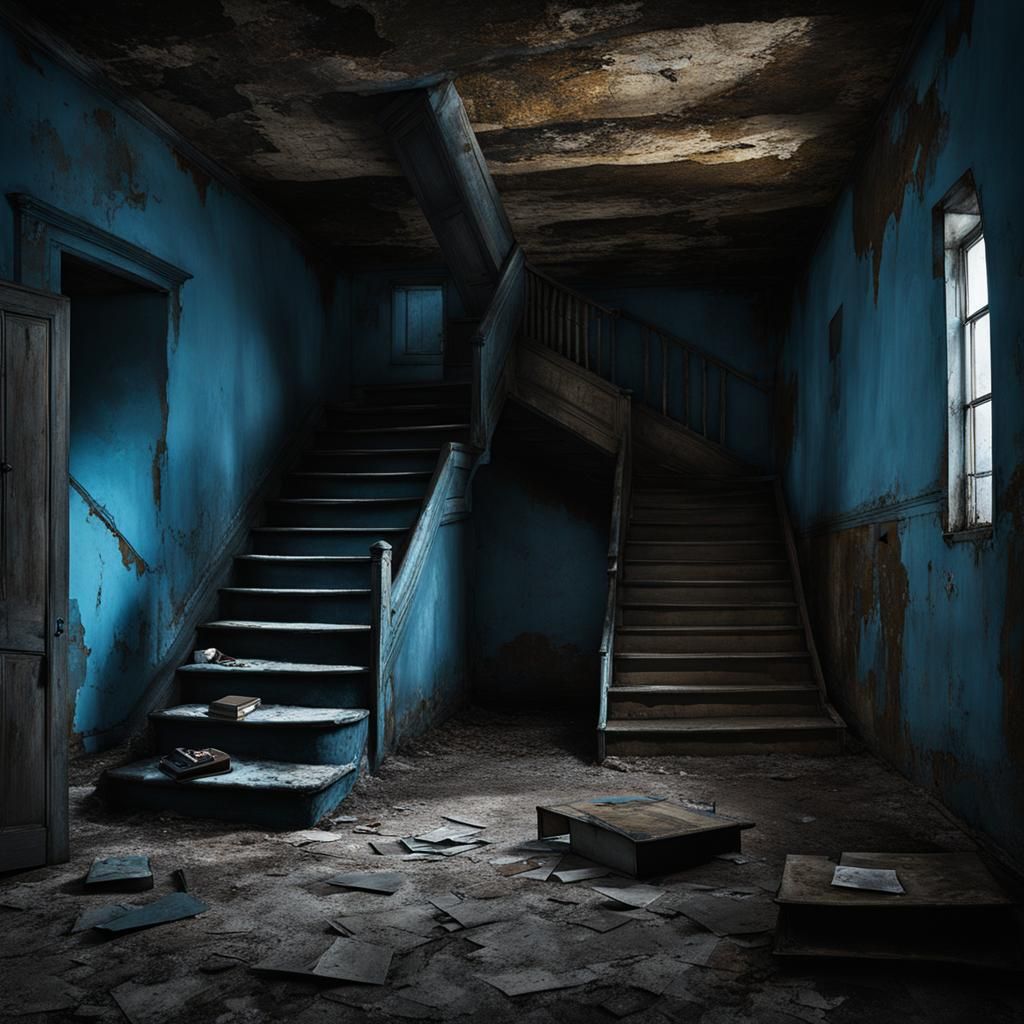 Surreal Haunted Basement with Ascending Staircase