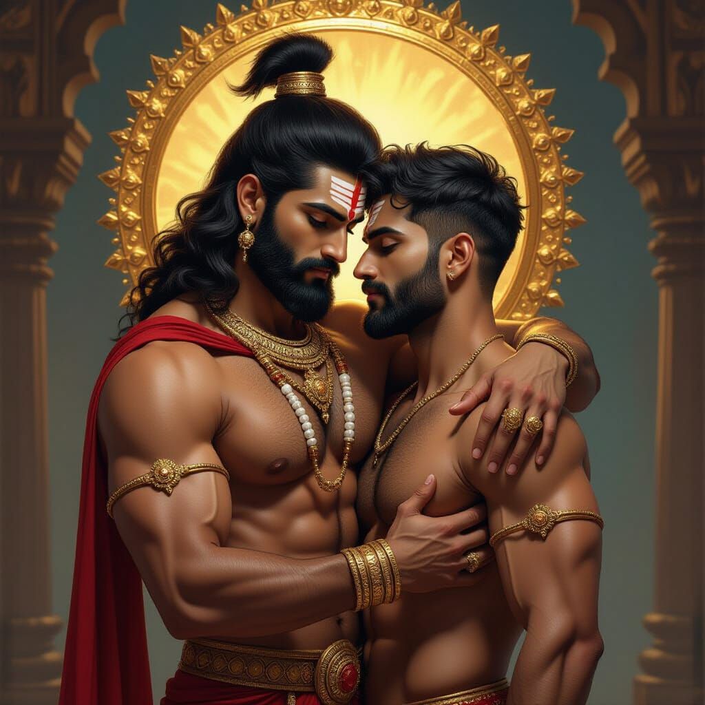 God of Passion and War Embraces Man as Matte Painting