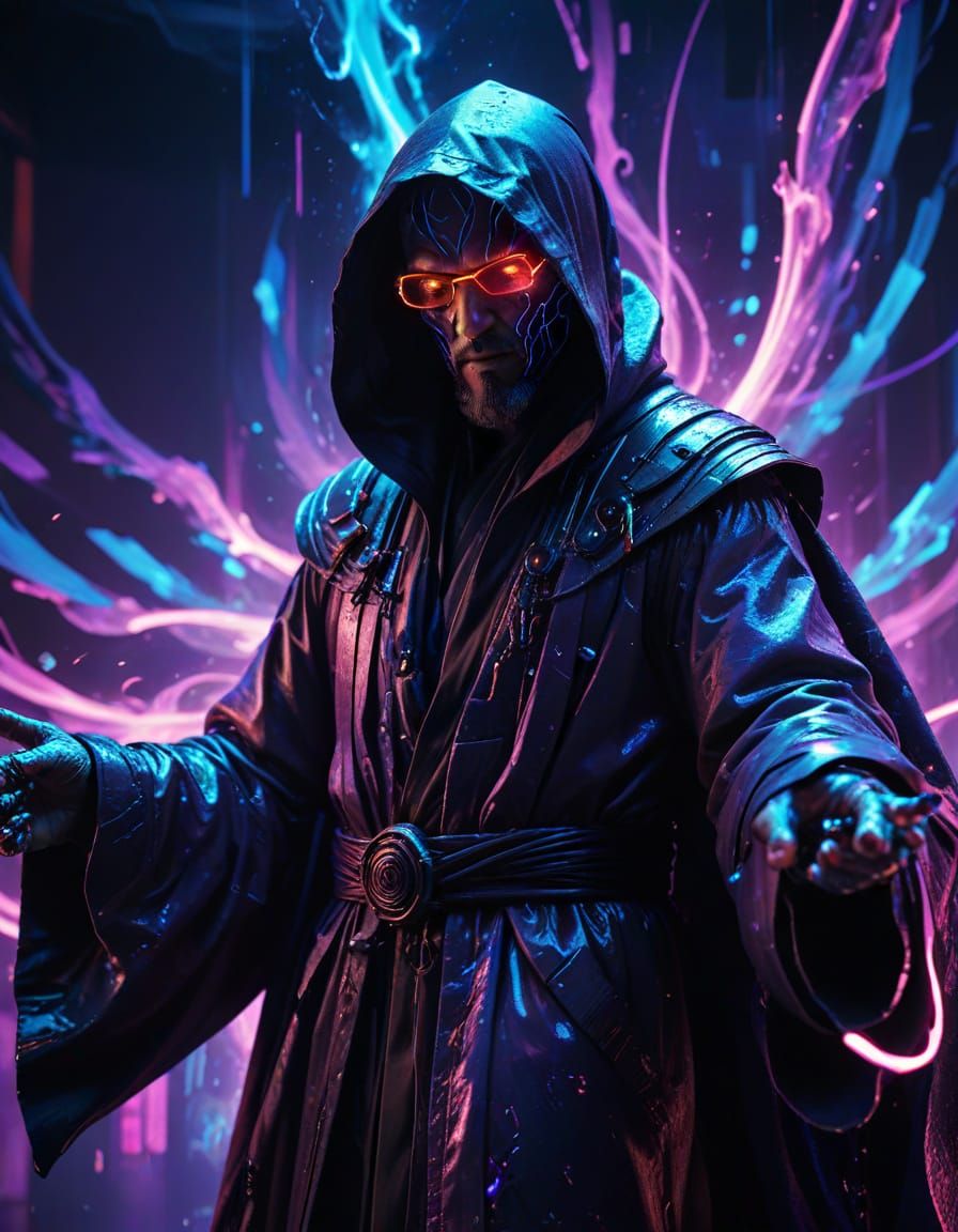 Cyberpunk Wizard Conjures Stealth Bomber Shadows with Neon M...