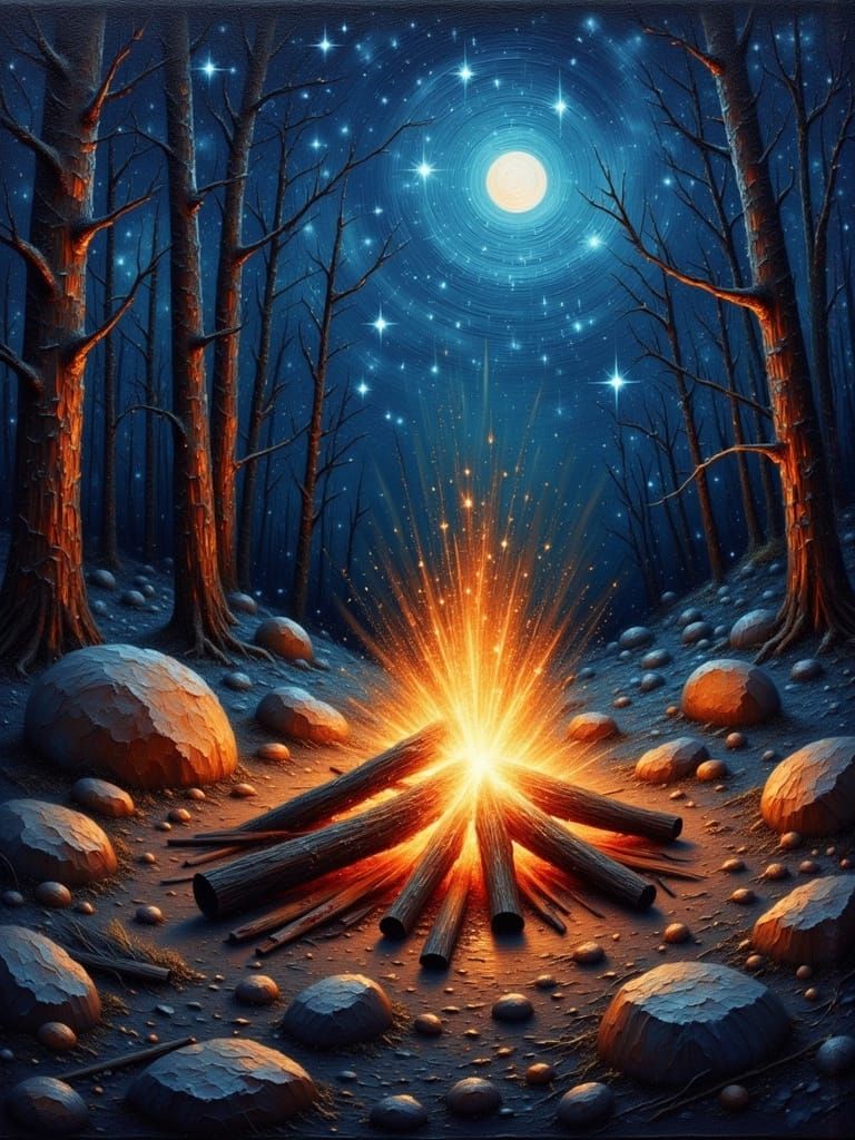 Campfire at Night in Impasto Style