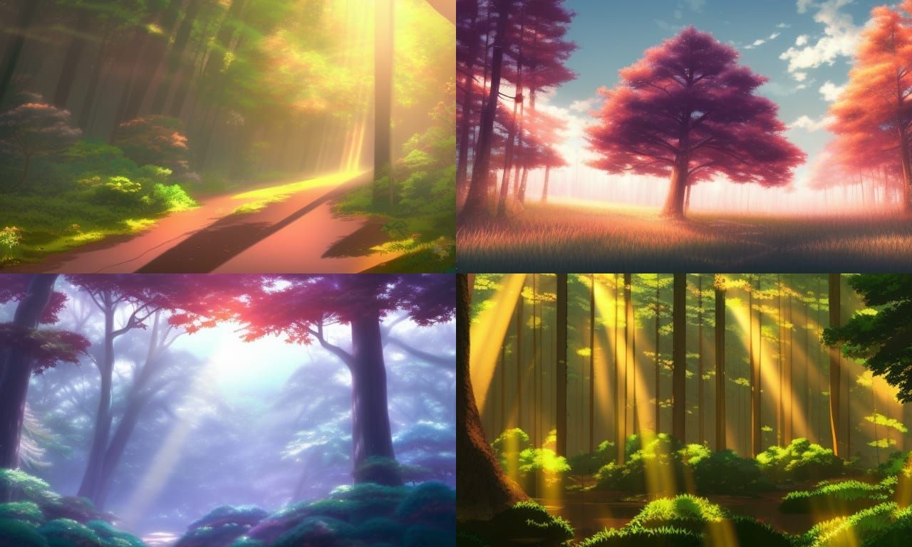Lush Forest with Sun Rays in Anime Style