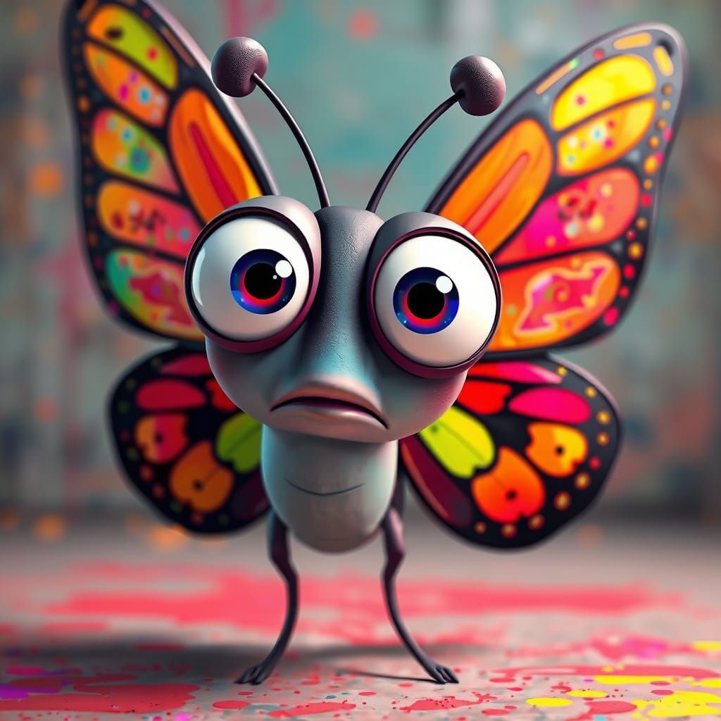 Confused Butterfly Character in Colorful 3D Graffiti Art
