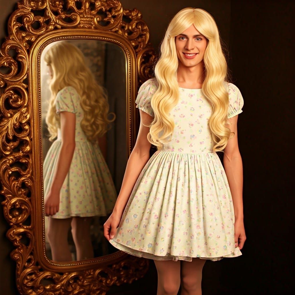 Elegant Young Man Admires Himself in a Whimsical Easter Dres...