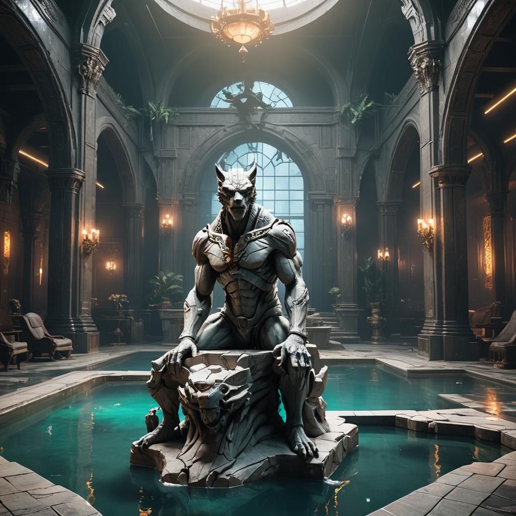 Gargoyle Overlooking Gothic Pool in Cyberpunk Style